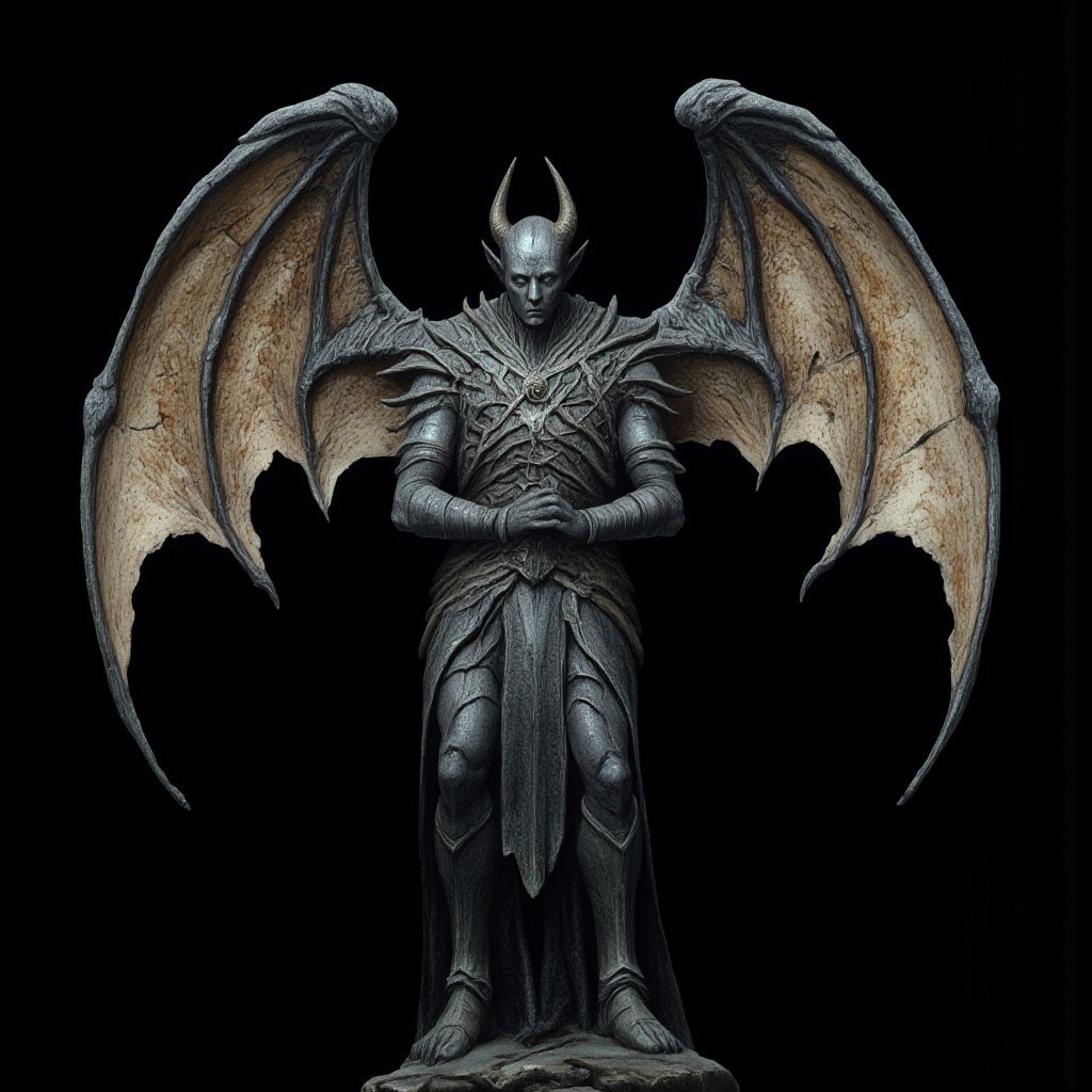 A surreal stone gargoyle with a human face, tattered stone carved wings, design
Set against a solid dark black color background to emphasize its unsettling unnatural form that emphasizes its silhouette. The medium is not a traditional painting or illustrative medium like watercolor or ink but rather a digital 3D rendering.
MikeFranchinastyle, d4artstyle, d4concept, , bbstyle,, horror theme,, zbrush, ZBClay model of a gray sculpture, 1990's, 1990's style