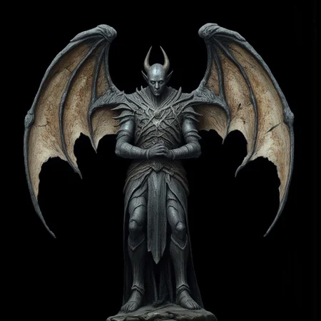 A surreal stone gargoyle with a human face, tattered stone carved wings, design
Set against a solid dark black color background to emphasize its unsettling unnatural form that emphasizes its silhouette. The medium is not a traditional painting or illustrative medium like watercolor or ink but rather a digital 3D rendering.
MikeFranchinastyle, d4artstyle, d4concept, , bbstyle,, horror theme,, zbrush, ZBClay model of a gray sculpture, 1990's, 1990's style
