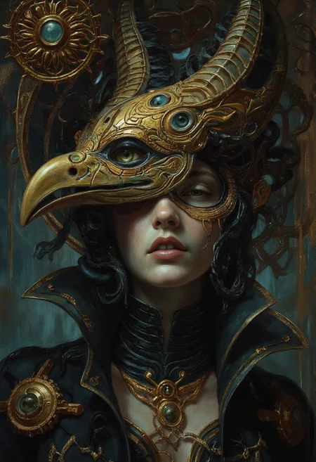 detailed photorealistic image,Exquisite (mystic) lady as cultist of (Tzeentch:1.2), corrupted, (eyes of terror:1.4), eyes with (teeth), decorated with (living eyes), intricate back opened helmet (bird face mask) made of (beak:1.4), warhammer 40k, face (hidden) behind mask, runes, (oil painting), in (ukiyo-e style:0.8), (by Edgar Degas:1.1), (by Pierre-Auguste Renoir:0.7), (by Claude Monet), (by Vincent Van Gough:1.2), w4rh4mm3r style oil painting
,  directional lighting, masterpiece, perfect composition, perfect hands  <lora:ARTifacts:0.8> ,