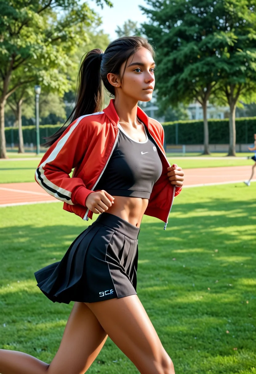 1girl, Masterpiece, 8k, ultra high detail, score_9, score_8_up, score_8, medium breast size, sporty long deepblack ponytail hair, fcNeg, stunning green eyes, native american skin, tan skin, small nose, innocent beauty, cute face, athletic body, perfect body, extreme detailed body, perfect face, ultra high detailed face, perfect eyes,
Sideview,
Joggingclothes, softshell jacket, sport top,
Jogging in park, sporty skirt, running, active Sport,