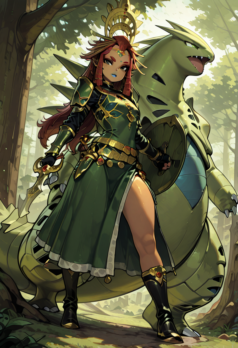 masterpiece, best quality, 1girl, eyelashes, (beautiful eyes), looking at viewer,     zzRijuT, tyranitar, medieval armor, leather tunic, chainmail, high boots, dagger belt, steel gauntlets, emerald-green cape, ornate shoulder pauldrons, intricate sword, crossbow on back, shield with family crest, long flowing hair, enchanted forest, magical glowing mushrooms, ancient stone ruins, moss-covered walls, glimmering moonlight, magic runes, (dynamic pose:1.2), (sword raised:1.3), (shield in hand:1.2), forest clearing, mystical aura, sparkling fireflies, glowing runestones, ethereal creatures lurking in shadows, moonlit mist, ancient tree guardians, fierce battle-ready expression, quiet tension, heavy air of adventure  ,<lora:RijuTyrannitarCitron_IXL:1.0>,