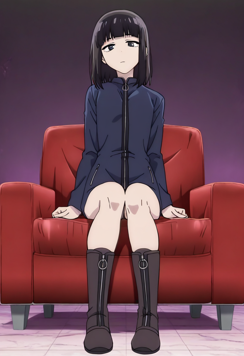 masterpiece, best quality, absurdres, detailed skin, detailed eyes, anime colored, anime screencap,
<lora:Suzushiro_Hatsuka_IL-000008:1>, 1 boy, femboy, Suzushiro Hatsuka, black hair, black eyes, bangs, jacket, zipper, looking at viewer, expressionless, full body, sitting,
