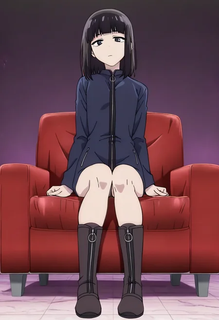masterpiece, best quality, absurdres, detailed skin, detailed eyes, anime colored, anime screencap,
<lora:Suzushiro_Hatsuka_IL-000008:1>, 1 boy, femboy, Suzushiro Hatsuka, black hair, black eyes, bangs, jacket, zipper, looking at viewer, expressionless, full body, sitting,
