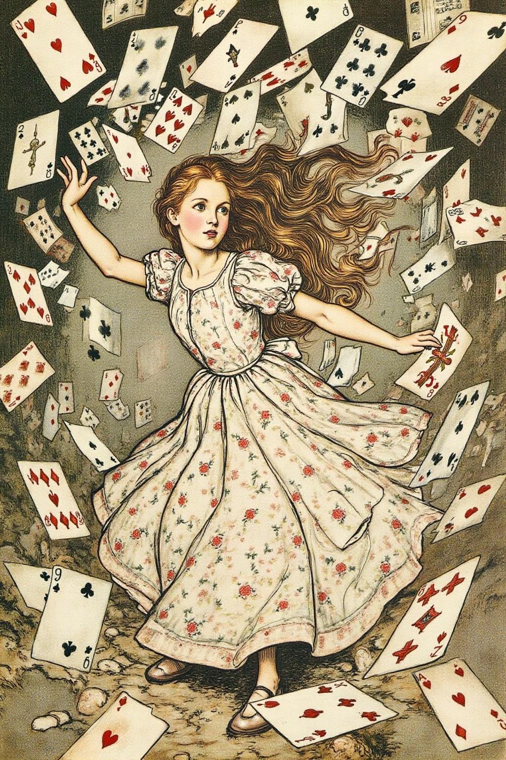 artrack1 illustration.
A scene from  "Alice's Adventures in Wonderland." The central figure is a young girl, Alice, with long, flowing brown hair, wearing a white dress adorned with small red flowers. She appears to be in mid-motion, as suggested by her raised arms and the scattered playing cards flying around her. The cards are a mix of hearts, diamonds, clubs, and spades, which are depicted in a chaotic, swirling pattern around her, adding to the sense of disarray and wonder. <lora:artrack1_nocap_d6a3:1.0><lora:812486123377925651:0>