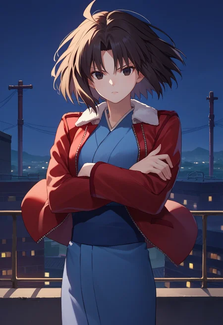 score_9, score_8_up, score_7_up, source_anime, 1girl, ryougi shiki, short hair, black hair, black eyes, red leather jacket, fur trim, blue kimono, crossed arms, rooftop, night, cowboy shot, <lora:Shiki-000007:1>