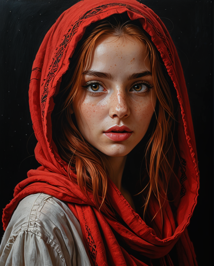 Drawing, full-length profile portrait of a girl with Arab features, with a wide hood, round face, loose hair, strands of hair that cover the eyes and face, half-open lips, full lips, perfect and hyper-detailed light eyes, loose red hair and messy, wide felt hood, scarf on the neck, earrings, looking between two horizontal beams, black background, bright colors, sensuality, desire, side lighting, very high contrast, hard shadows, hyperrealistic, oil on canvas, paint strokes with spatula, splashes