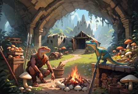 score_9, score_8_up, score_7_up, score_6_up,  , Th1sUs3rrealistic,  (score_9, score_8_up:1.1), score_7_up, kobolds, kobolds camp, fireplace, rudimentary hutts, inside a cave, lizard pets, multiple kobolds, spears, food, mushrooms. ancient ruins