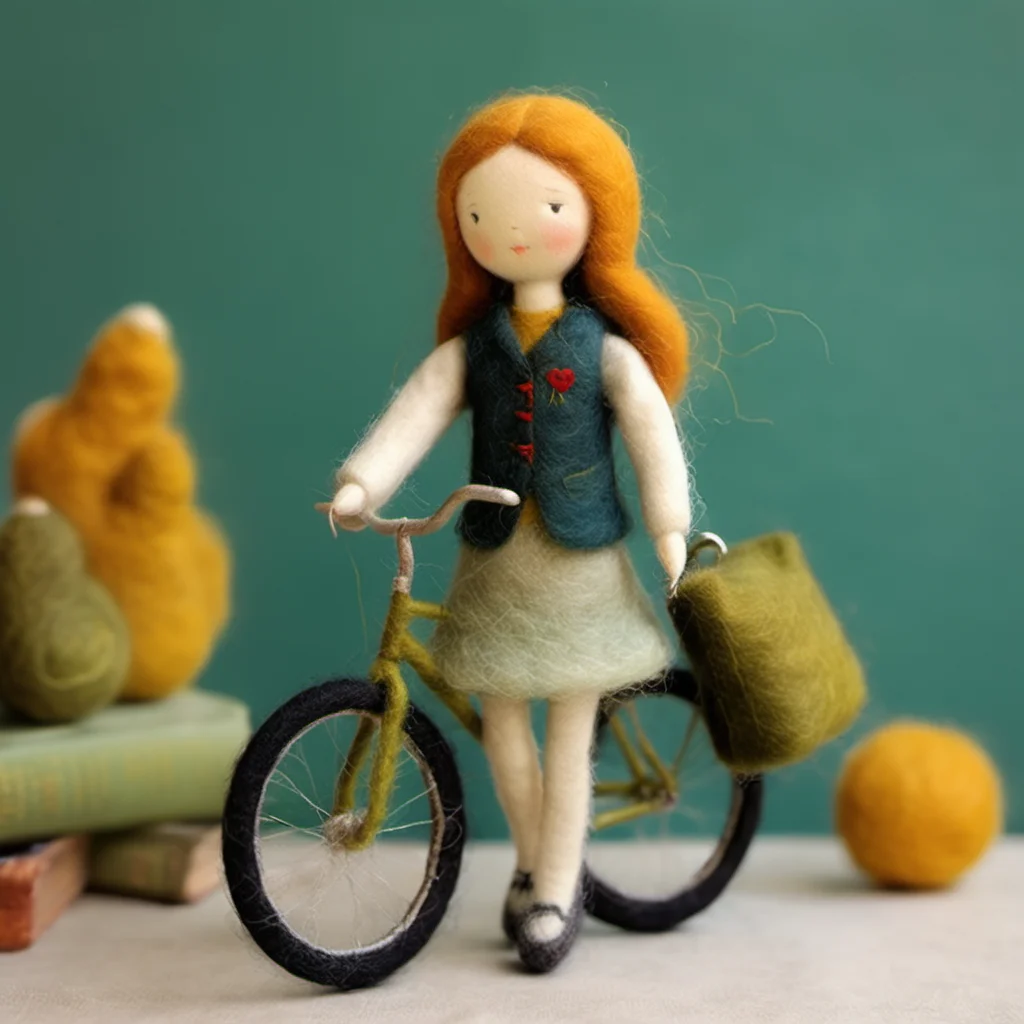 felted doll, 1 girl, school uniform,bike