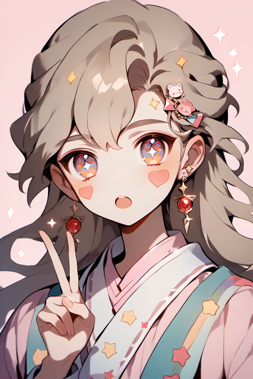 score_9, score_8_up, score_7_up, masterpiece, best quality, 1boy, solo, young boy,   shentafei, light brown hair, two-colored eyes,long hair, jewelry, earnings, looking at viewer, portrait,  <lora:ShenTafeiPonyV3:1>,  <lora:CandyCuteStylePDXL:0.8>, pink pajama, open mouth, sparkles, pink background, rainbow print, hand up, v, stickers on hair, star stickers