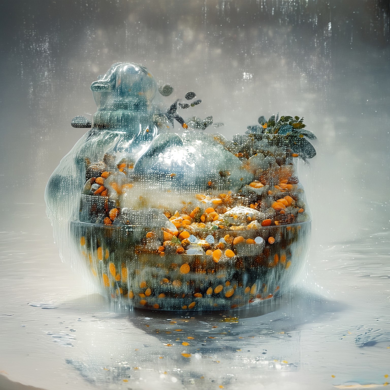 foodphoto, a bowl of fruit made out of slime, fruit in a bowl, fruit made of slime, fruit still life, bowl made of slime, table made of slime,
natural light, no bright spots, 
((translucent slime)), ((transparent slime)), made of water, (bioluminescent slime), sl1m3, slime, slime-morph, ais-blmn, saturated colors, no creatures, no humans, no monsters, no pokemon, scenery only, scenery, ral-lava, watce