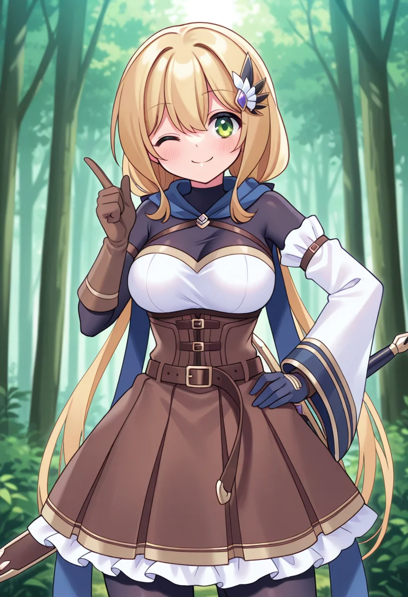 1girl, solo, chanyuusha, blonde hair, low twintails, very long hair, hair ornament, green eyes, scarf, medium breasts, bodysuit, arm strap, frilled dress, corset, single detached sleeve, single glove, single fingerless gloves, mismatched gloves, belt, sword, sheathed, outdoors, forest, wink, smile, hand on hip, index finger raised, cowboy shot, looking at viewer, outdoors, forest,