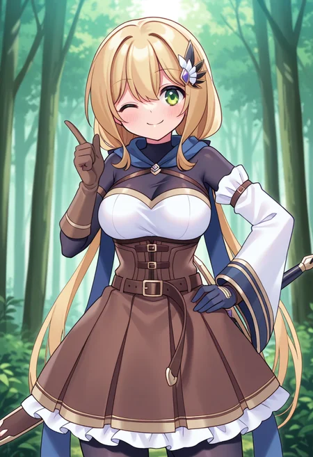 1girl, solo, chanyuusha, blonde hair, low twintails, very long hair, hair ornament, green eyes, scarf, medium breasts, bodysuit, arm strap, frilled dress, corset, single detached sleeve, single glove, single fingerless gloves, mismatched gloves, belt, sword, sheathed, outdoors, forest, wink, smile, hand on hip, index finger raised, cowboy shot, looking at viewer, outdoors, forest,