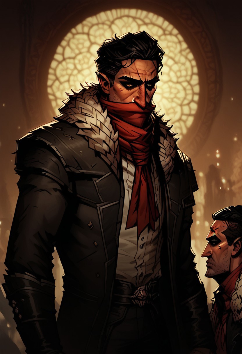 score_9, score_8_up, score_7_up, BREAK, 1boy cowboy-shot, beautiful, dramatic lights (Highwayman. HighwaymanDD. DDHighwayman. Dismas. DismasDD. DDDismas. fur trim. red scarf. red bandama. black hair, DDstyle. Darkeststyle. Darkestdungeonstyle.))
