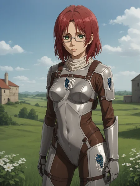 score_9, score_8_up, score_7_up,
1girl,solo,
<lora:dahlia.pony.v2:0.45> dahlia, red hair, green eyes
grey glasses,
shingeki no kyojin,
bodysuit, armor,
outdoors,