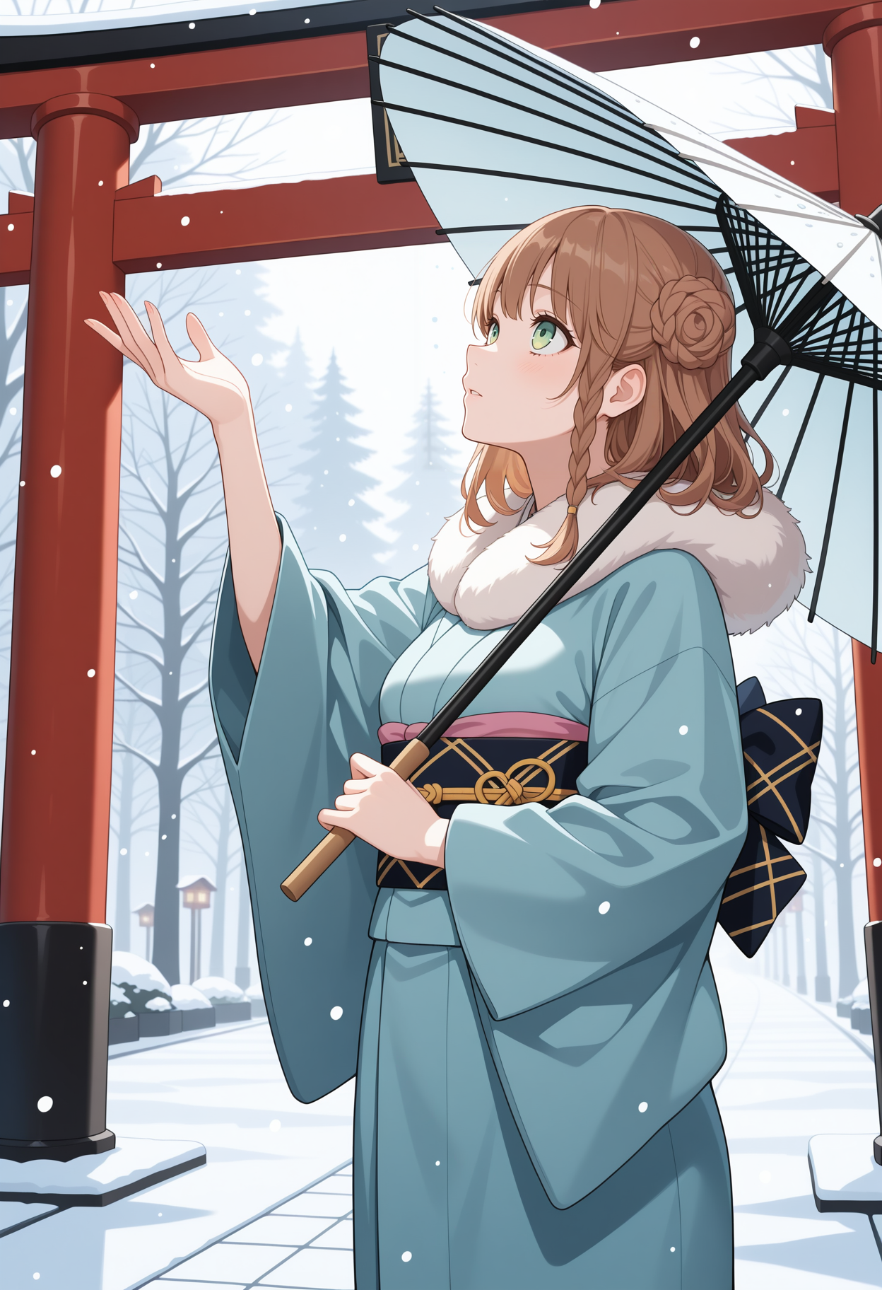 masterpiece,best quality,amazing quality,
<lora:heroine_amnesia_meipaws:1>,
1girl, solo, green eyes, brown hair, side braid, single side bun,
<lora:NoobV065sHyperDmd:.5>
looking up, reaching, winter clothes, fur-trimmed kimono, holding umbrella, snowing, torii, tree, cowboy shot,