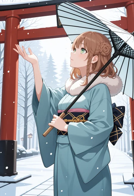 masterpiece,best quality,amazing quality,
<lora:heroine_amnesia_meipaws:1>,
1girl, solo, green eyes, brown hair, side braid, single side bun,
<lora:NoobV065sHyperDmd:.5>
looking up, reaching, winter clothes, fur-trimmed kimono, holding umbrella, snowing, torii, tree, cowboy shot,