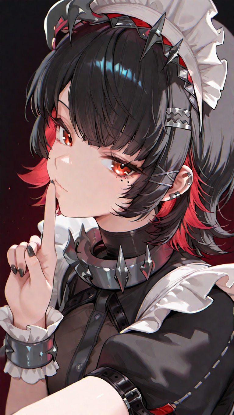 1girl, bangs, black hair, black nails, chain, ear piercing, earrings, finger to mouth, frills, hair ornament, hairclip, jewelry, looking at viewer, maid, maid headdress, mole, multicolored hair, piercing, red eyes, red hair, short hair, solo, two-tone hair <lora:Ellen Joe:1>