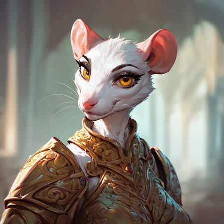 (((beautiful, high quality))), upper Body, score_9, score_8_up, score_7_up,
ratfolk, furry rat, 1girl, white fur, yellow eyes, armor,
looking at the viewer, posing, blurred background,