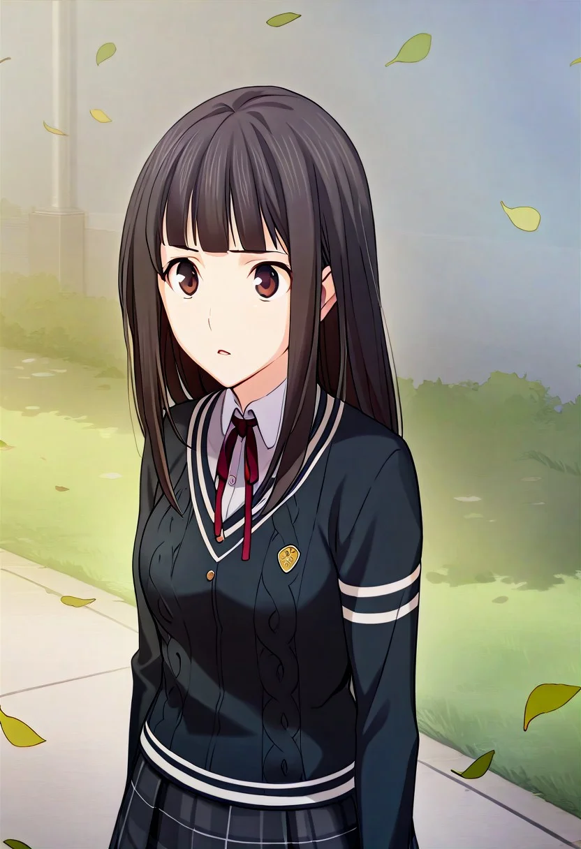 1girl,nagumo kasumi,school uniform,red neck ribbon,plaid skirt,black pantyhose,parted lips, leaf, falling leaves, upper body, outdoors, wind,buttons,masterpiece,solo,best quality,game cg,<lora:NagumoKasumiXL:1>,