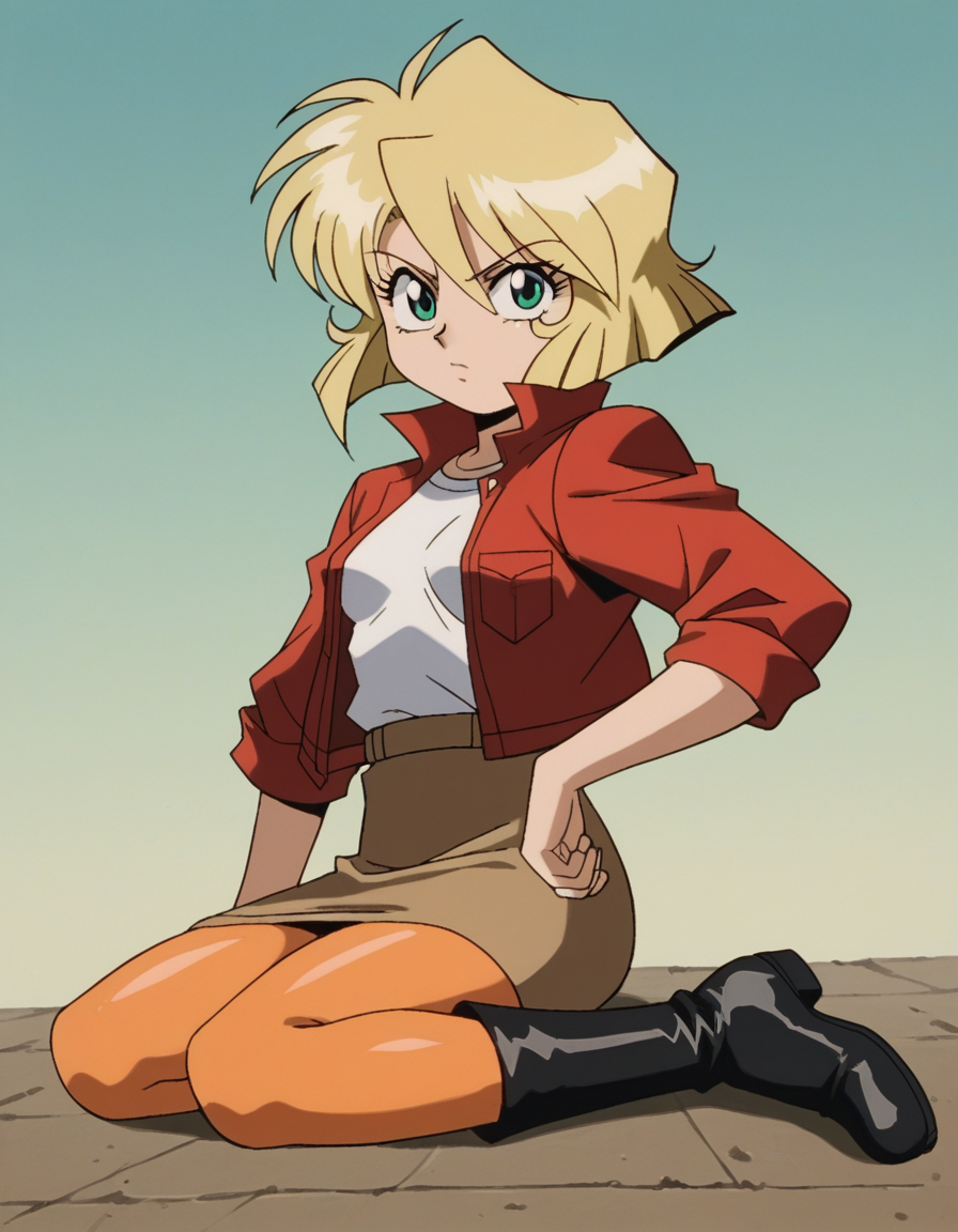 zPDXL, score_9, score_8_up, score_7_up, source_anime, 8k, absurdres, 1990s \(style\), retro artstyle, anime coloring, 
1girl, solo, <lora:Gunsmith_v3-20:1> gnsmth, minniemay, blonde hair, green eyes, short hair, white shirt, red jacket, sleeves rolled up, brown skirt, orange pantyhose, black boots, looking at viewer, petite, small breasts,