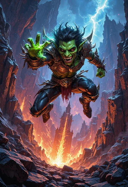 Schroedinger's wildcard. The green goblin warrior performs an incredible jump, but fails and falls deep deep down into the abyss Stylized cartoon, vibrant colors, caricaturistic depiction, much fun, haha, no goblins were harmed during the creation of this image* <lora:flux_skinny_slider>