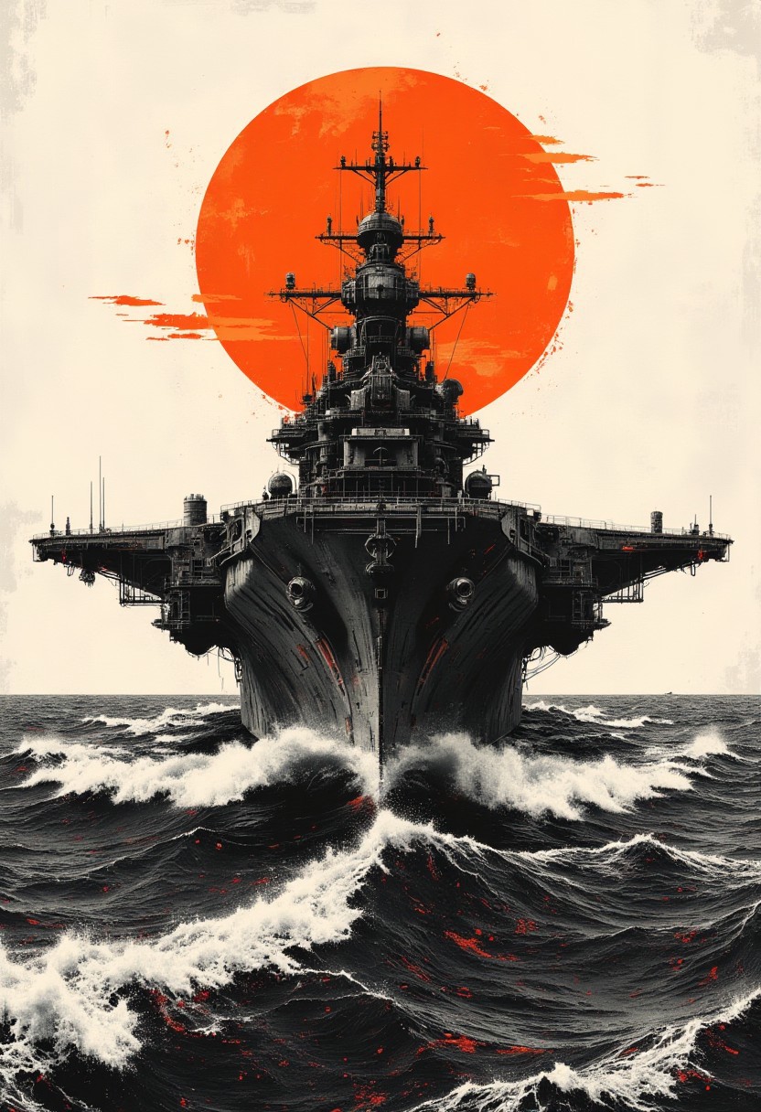A graphic illustration, in black and white, of an ocean landscape with a bright orange sunset.Naval aircraft carrier
 <lora:Dieselcore:0.7> d1eselc0re <lora:Glitchcore_Flux:0.4> gl1tchc0re