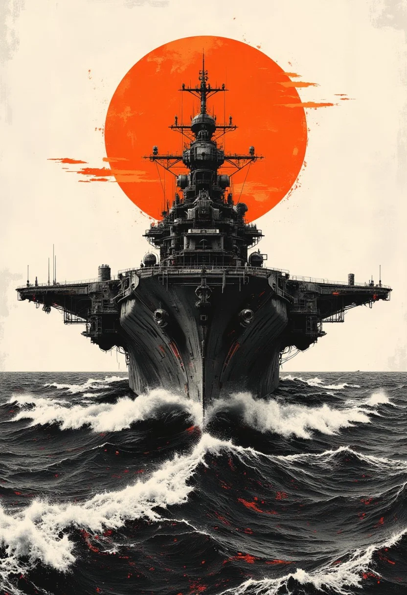A graphic illustration, in black and white, of an ocean landscape with a bright orange sunset.Naval aircraft carrier
<lora:Dieselcore:0.7> d1eselc0re <lora:Glitchcore_Flux:0.4> gl1tchc0re