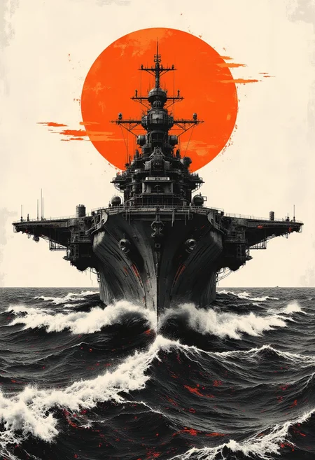 A graphic illustration, in black and white, of an ocean landscape with a bright orange sunset.Naval aircraft carrier
<lora:Dieselcore:0.7> d1eselc0re <lora:Glitchcore_Flux:0.4> gl1tchc0re