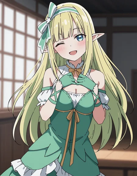 score_9, 1girl, solo,
orphia, blue eyes, long hair, blonde hair, straight hair, hair bow, green hairband,  pointy ears, elf, medium breasts, <lora:seirei_gensouki_-_ orphia:0.75>
dress, green dress, bare shoulders, cleavage cutout, detached sleeves, ribbon, gloves, frills, 
looking at viewer, cowboy shot, hands up, hands on own chest, head tilt, 
blush, smile, one eye closed, ;d, open mouth, 
indoors, blurry background, depth of field,