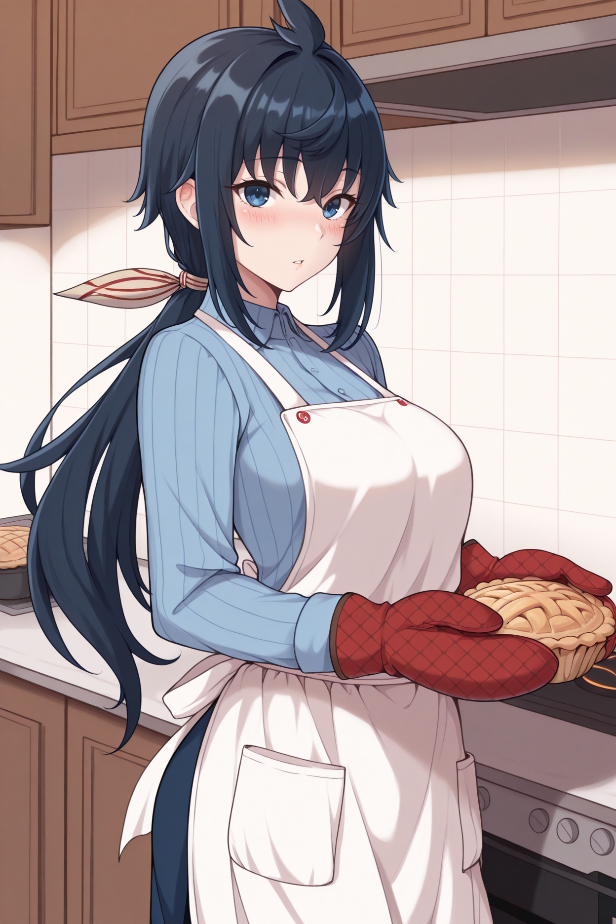 masterpiece, best quality, 1girl, solo, <lora:imca-illu-nvwls-v1-000006:1> vcimca, dark blue hair, low ponytail, long hair, ahoge, dark blue eyes, hair ribbon, blue shirt, long sleeves, white apron, kitchen counter, oven mitts, parted lips, blush, looking at viewer, holding pie