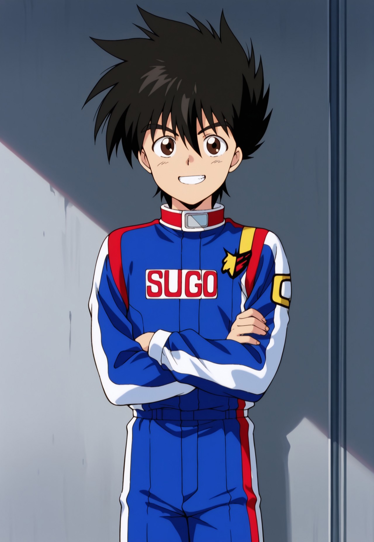 masterpiece,best quality,amazing quality, source_anime,

hayatokazami, 1boy, male focus, solo, brown eyes, black hair, racing suit, jumpsuit, blue jumpsuit, multicolored jumpsuit, smile, grin,