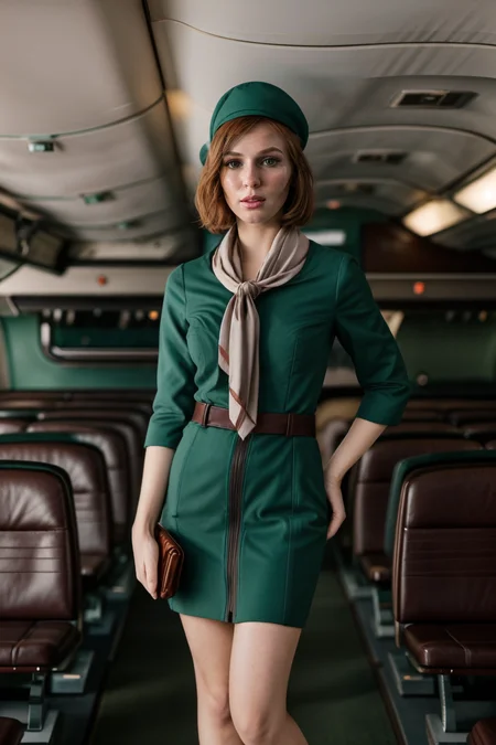 <lora:LCM_LoRA_Weights_SD15:1>,<lora:detail_slider_v4:1.1>,(attractive flight attendant) 30year old adult woman, Thigh Gap:1.3, Medium build, short ginger hair, italian, mahogany skin, wearing a flight attendant hat, green formal dress, eyeliner, aviation-themed scarf, set in a vibrant airplane cabin, with colorful seating, trendy lighting, dynamic decor, and spacious aisles , at sunset,(full body:1.3),(full shot:1.3),(wide shot:1.3),(full body portrait:1.3),from above:1.1,Cinematic portrait photography, capture subject in a way that resembles a still frame from a movie, cinematic lighting, story, narrative quality, drawing viewers into the scene and evoking a sense of cinematic immersion, capturing emotion, professional, engaging, compelling composition,