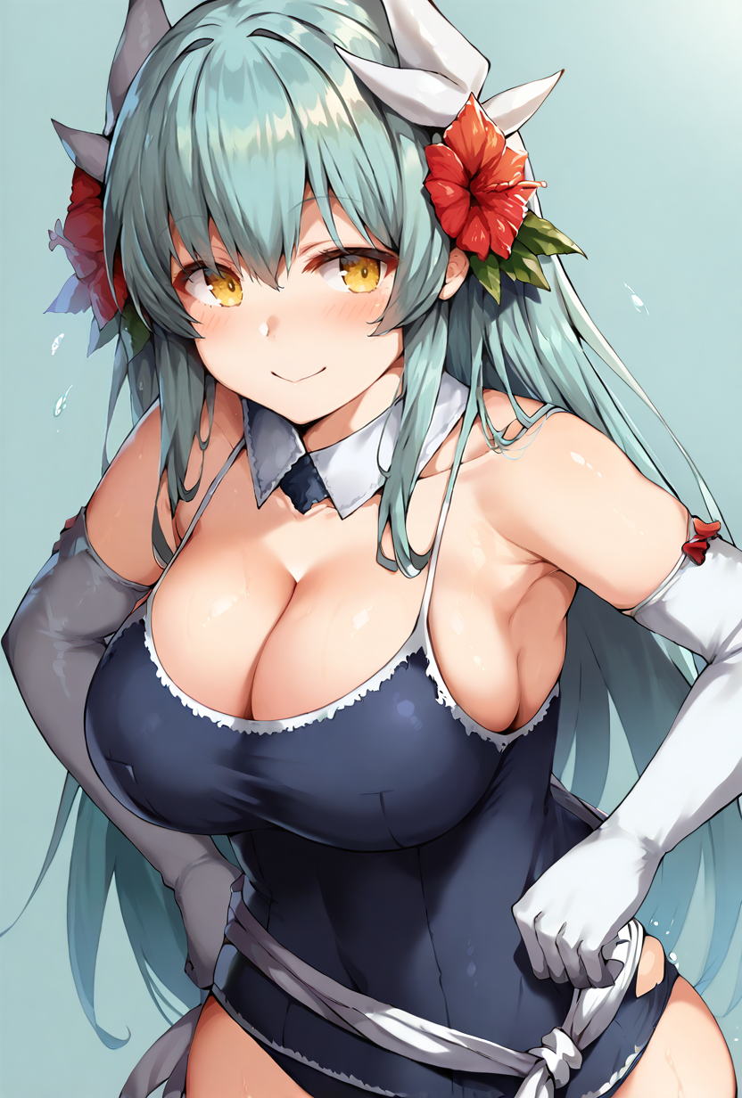 score_9,score_7_up,  <lora:kiyohime_(lancer)_XL_1:1>1girl,  bbkiyo, long hair, aqua hair, white horns, hair flower, red hair flower, yellow eyes, detached collar, cleavage, school swimsuit, blue one-piece swimsuit, elbow gloves, white gloves, white sash, blush, smile,   big breasts, hands on hips  <lora:belko-Style-PonyXL-GLoRA-000049:1>