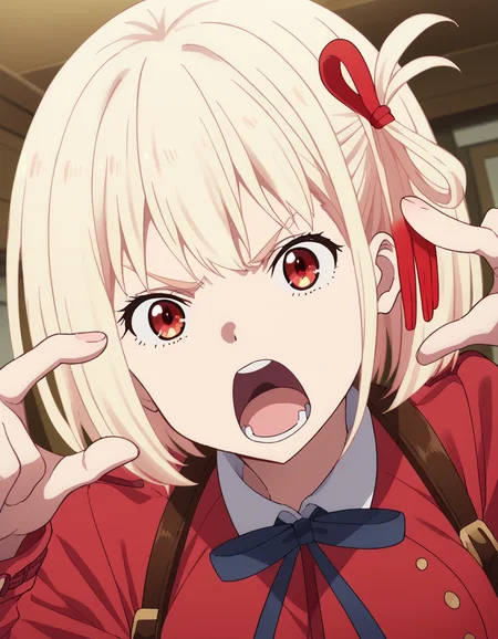 score_9, score_8_up, score_7_up, source_anime, chisatonishikigi, <lora:chisato-nishikigi-s1-ponyxl-lora-nochekaiser:1>, chisato nishikigi, short hair, bangs, blonde hair, red eyes, hair ribbon, one side up, bob cut,, <lora:horns-pose-ponyxl-lora-nochekaiser:1>, horns pose, index fingers raised, angry, steam, open mouth, shouting, anger vein,, indoors,, cowboy shot, dutch angle, looking at viewer,