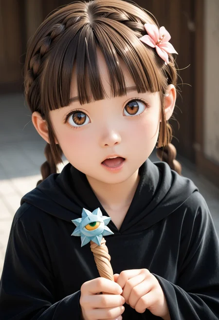 <lora:Grgrkukuri_SDXL_pony_fp16:1>,Grgrkukuri, young, blunt bangs,robe, braid, brown eyes, twin braids,brown hair,black robe,boots,hair flower,open mouth,close to viewer,holding wand,, score_9, score_8_up, score_7_up, BREAK source_anime, rating_questionable, best quality, masterpiece, uncensored,[pony diffusion V6 is trained by PurpleSmartAI:100]