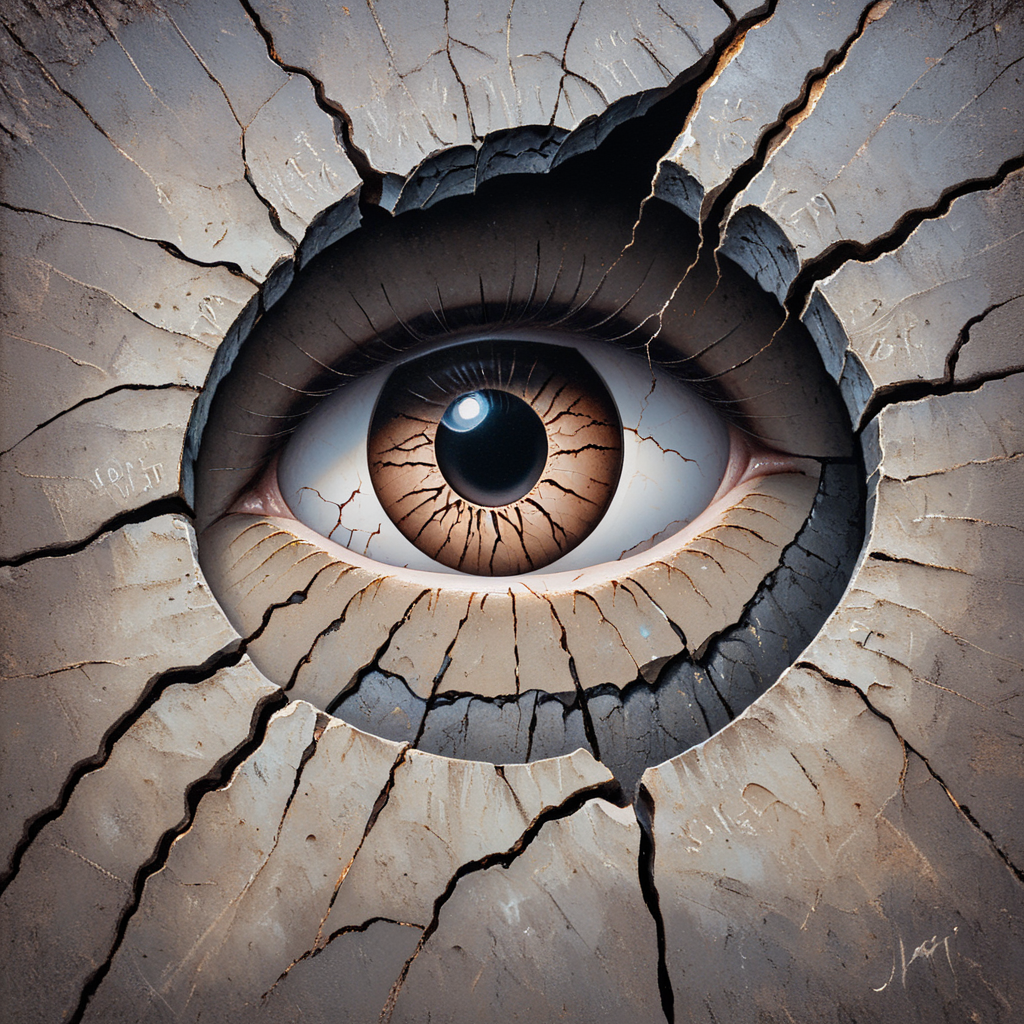 <lora:Dreamlike_surrealist_paintingSDXL:1> ArsMJStyle, Dreamlike surrealist painting, The image is a close-up of a human eye peeking through a crack in the ground. The eye is the focal point of the image with the iris and pupil clearly visible. The iris is a deep brown color and the pupil is a lighter shade of brown. The crack is jagged and uneven with deep grooves and crevices. The background is a dark textured surface with cracks and cracks running through it. The overall effect is one of depth and dimension., no humans, eye focus, one-eyed, solo, crack, looking at viewer, 1other