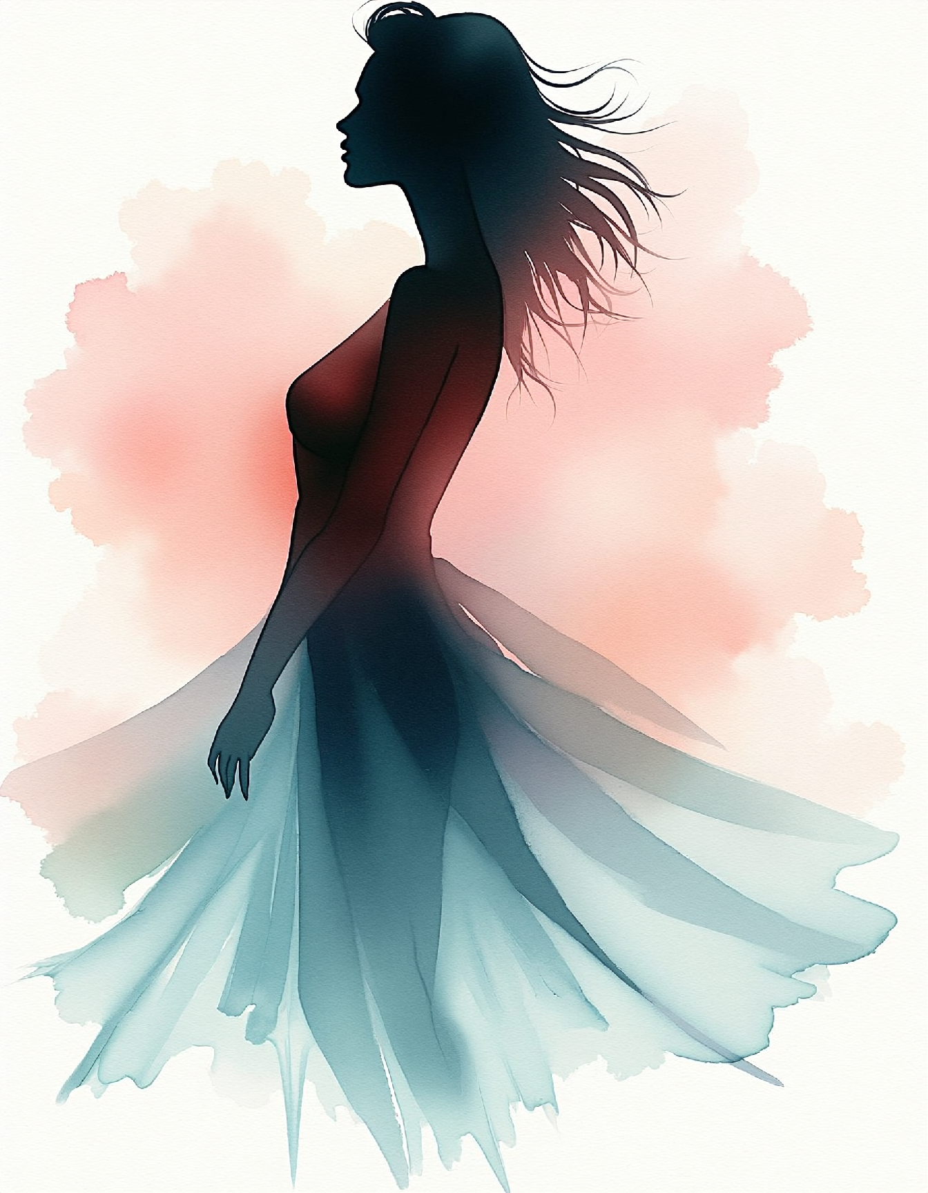 water color image on rough paper, An abstract watercolor painting depicts a serene and alluring figure; her form rendered through fluid, organic shapes and subtle color gradations; gentle curves suggest a figure with elongated features and flowing hair; layers of wet media create depth and texture; the background fades into soft pastel hues; composition embodies elegance without realism, inviting contemplation on timeless beauty. Fluid brushstrokes, pastel shades, abstract form, elegant lines, ethereal atmosphere.
