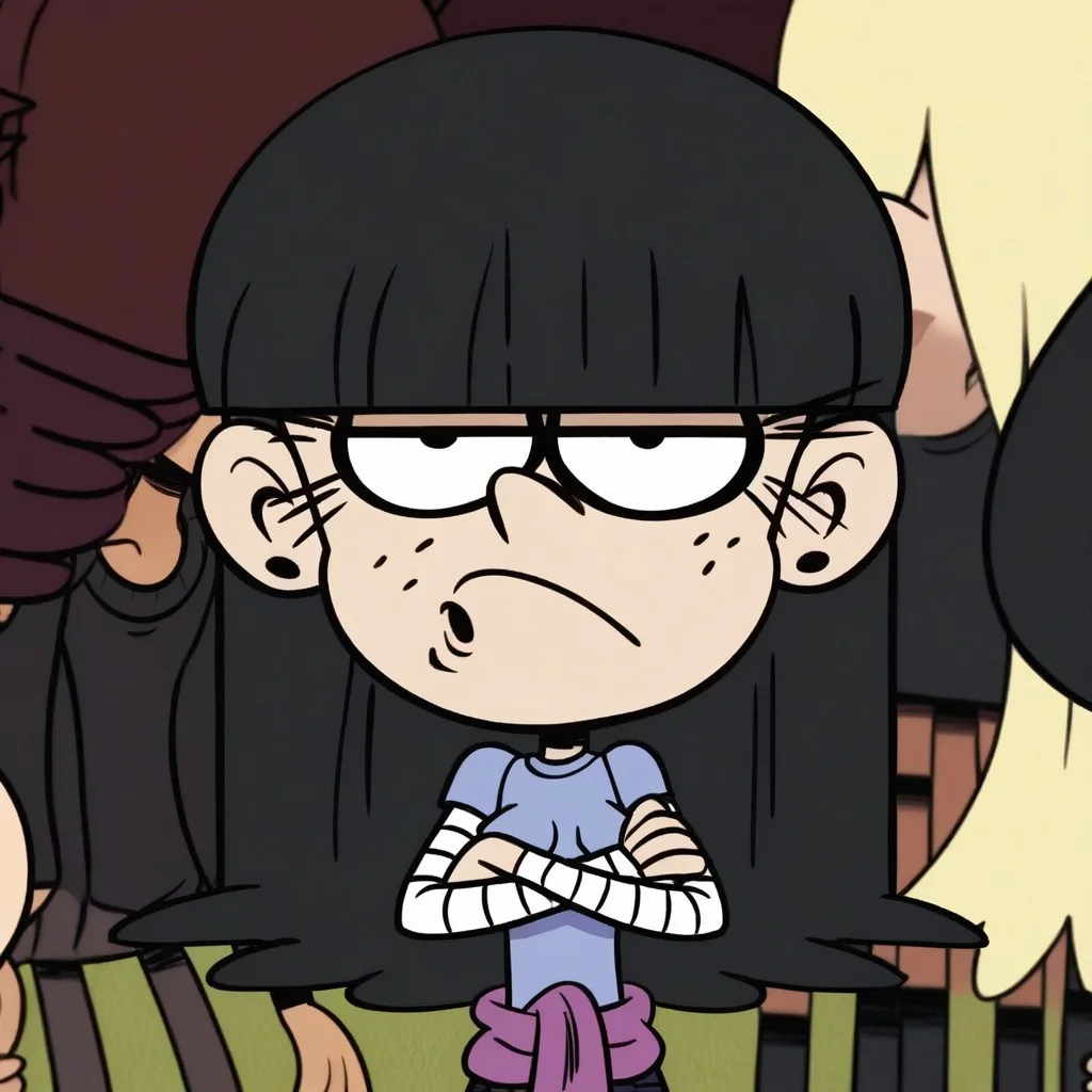 score_9, score_8_up, score_7_up, 1girl, Maggie, black hair, long hair, blunt bangs, black eyes, freckles, eyeliner, earrings, small breasts, narrow waist, wide hips, looking at viewer, crossed arms, angry, highres, high quality, thick thighs, wide hips, curvy, large breasts, saggy breasts, thicc, masterpiece, <lora:Maggie:0.8>