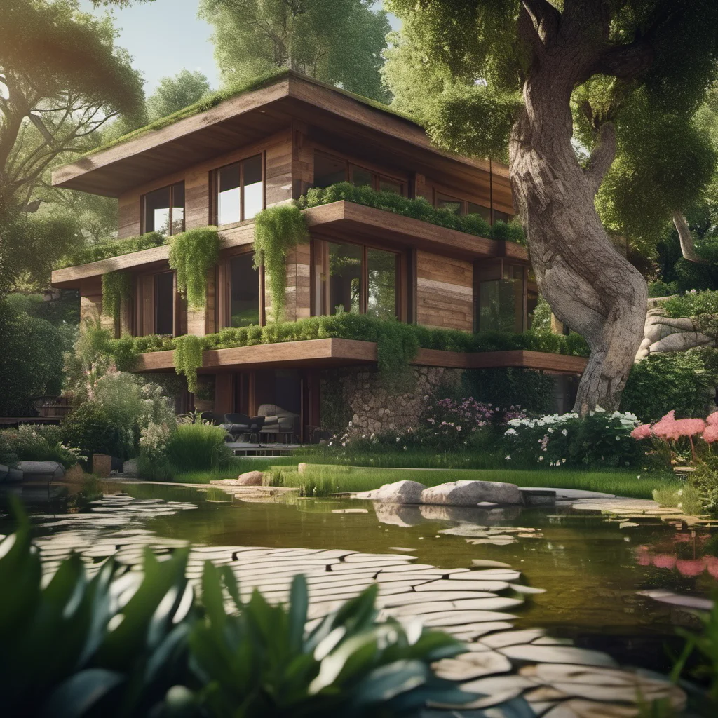barnum-color cinematic photo (concept archviz villa:1.2) design, modern rustical house, pond in the garden outside, elaborate terrace, texture cracked dry treebark (cracked wood style room ) design, lush flowers, green trees with intertwined roots, <lora:treebark-SDXL-s-exp:0.6> . 35mm photograph, film, bokeh, professional, 4k, highly detailed