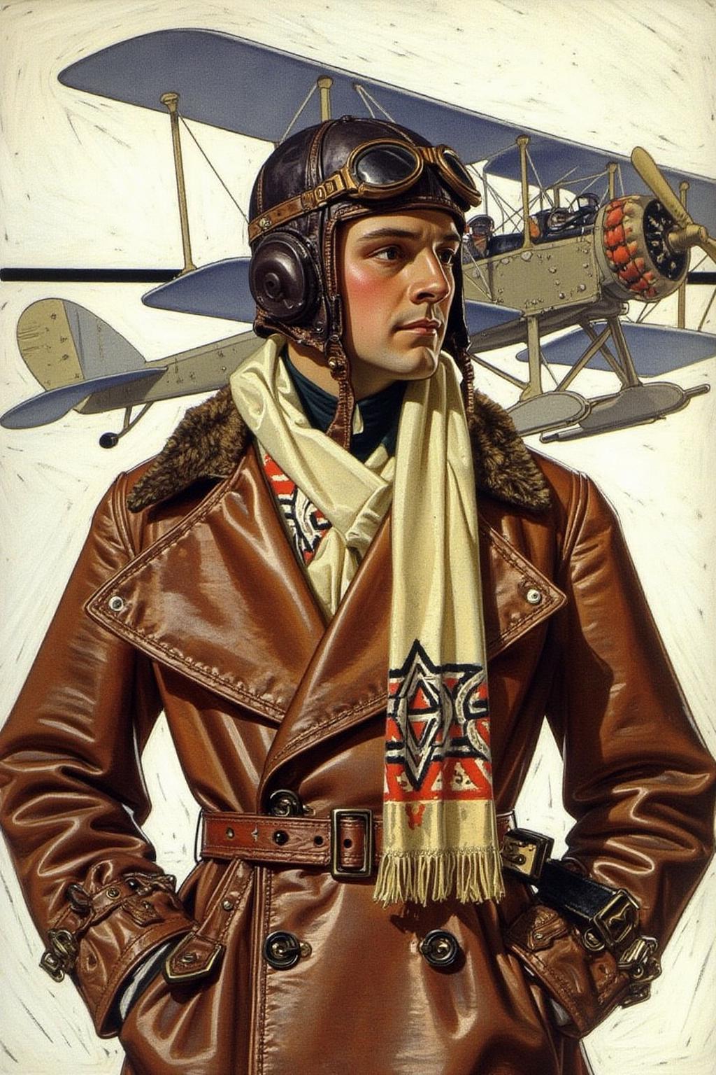 jcleyen1 painting.
A man from the 1920s, dressed in a brown, worn leather pilot's coat with a fur-lined collar, vintage pilot leather helmet . He wears a cream-colored scarf with intricate, geometric patterns, draped around his neck. The scarf appears to have a red and black design. The is a antique airplane in the background.  <lora:jcleyen1_cap_d6a3e11:1.0><lora:824044468782088674:0>