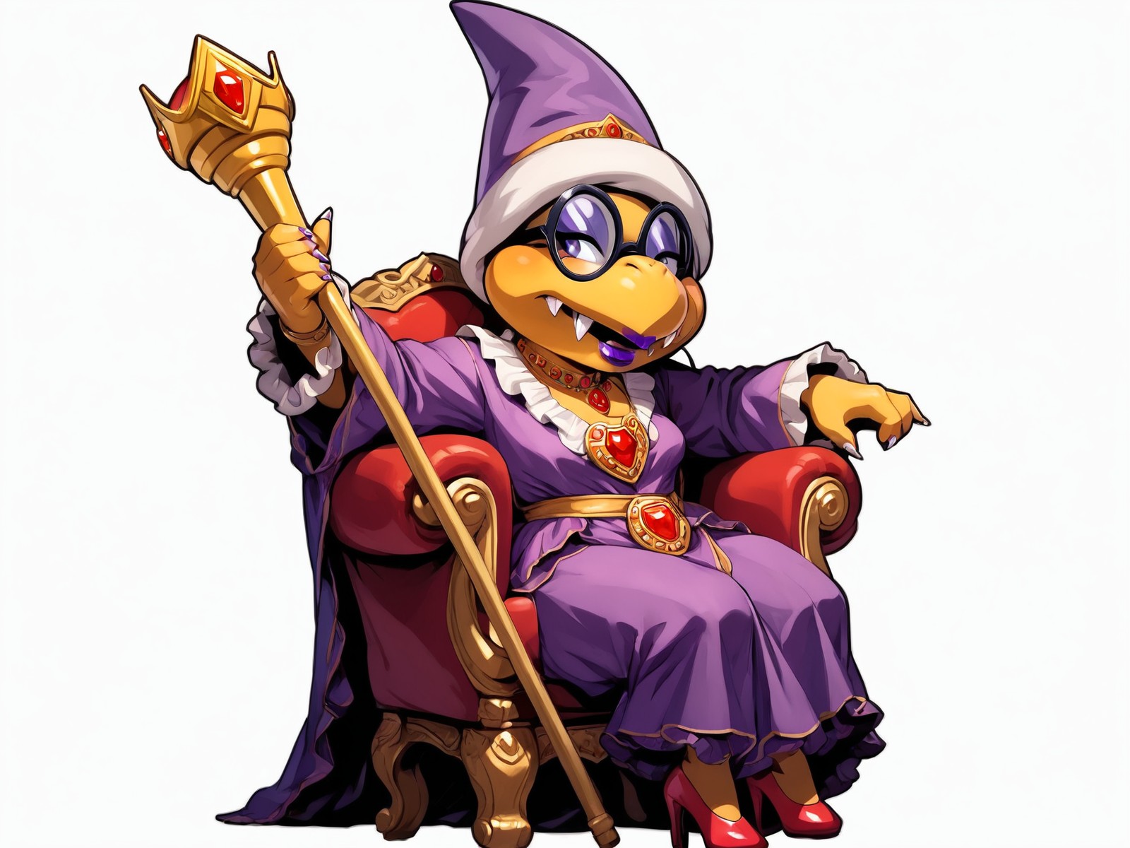score_7,score_6,
<solo:1.5>,
<1girl:1.5>,
<sketch:1.5>,
transparent background, solo, full body, staff, fangs, hat, colored skin,fe male focus, 1girl, holding, purple hat,purple robe,female,lipstick,purple lipstick,small breasts,eyeliner,makeup,heels,red jewel on chest,frilled robe,thick thighs, curvy,
<white background:1.5>,
<simple background:1.5>,
<lora:Kamek_SMB-PonySDXL:1.0> kamek_magikoopa,
<lora:90s4n1m3XLP:1> 90s4n1m3, sitting,
chair,
legs crossed,