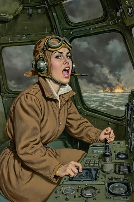 cobyw1 illustration
A female pilot screaming inside the cockpit of a World War II bomber. The pilot, wearing a vintage leather flight helmet with goggles and a bomber jacket, grips the controls with white-knuckled hands. Her face is contorted in a mix of fear and determination as she yells, her eyes wide with adrenaline. The cockpit is cramped and filled with old-fashioned dials and gauges, with the outside view showing dark stormy clouds and distant anti-aircraft fire
<lora:cobyw1_cap_d6a3e12:1.0><lora:818760752769860043:0>