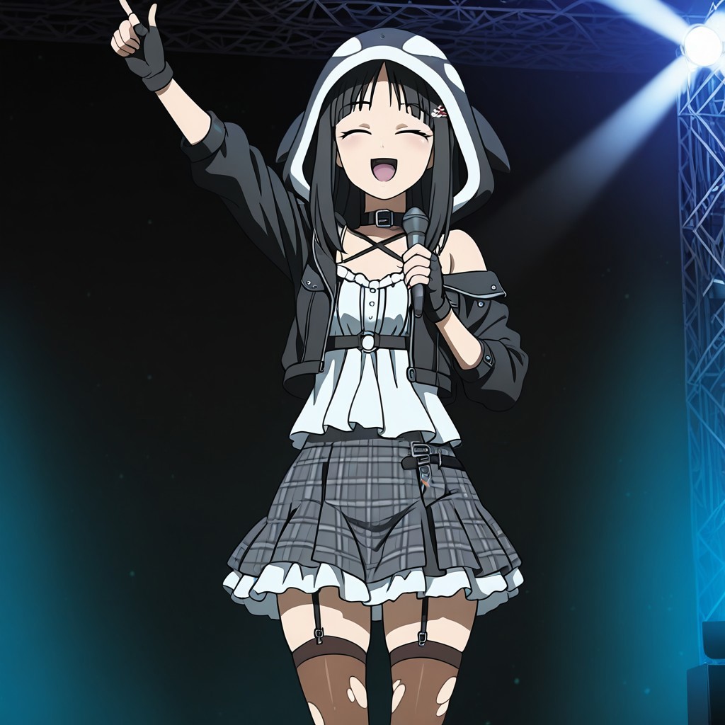 1girl, awas, slit eyes, long hair, hime cut, sidelocks, arm up, hand up, holding microphone, idol, index finger raised, indoors, smile, solo, stage, stage lights, standing,skmtdef, medium hair, hair ornament, black jacket, quilted, off-shoulder jacket, orca hood, animal collar, white camisole, frilled camisole, criss-cross straps, chest belt, miniskirt, plaid skirt, fingerless gloves, brown thighhighs, torn thighhighs, o-ring legwear garter, garter strap,masterpiece, amazing quality, best quality, ultra-detailed, 8K, anime coloring,