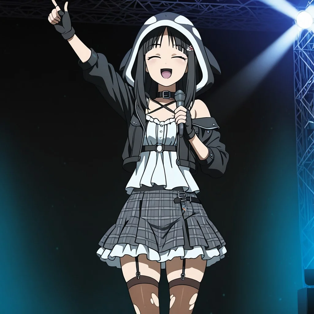 1girl, awas, slit eyes, long hair, hime cut, sidelocks, arm up, hand up, holding microphone, idol, index finger raised, indoors, smile, solo, stage, stage lights, standing,skmtdef, medium hair, hair ornament, black jacket, quilted, off-shoulder jacket, orca hood, animal collar, white camisole, frilled camisole, criss-cross straps, chest belt, miniskirt, plaid skirt, fingerless gloves, brown thighhighs, torn thighhighs, o-ring legwear garter, garter strap,masterpiece, amazing quality, best quality, ultra-detailed, 8K, anime coloring,
