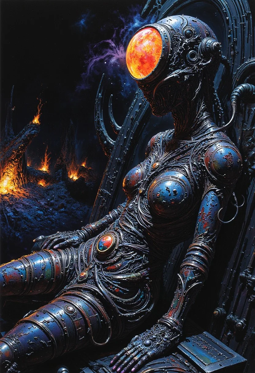 In a surreal and futuristic tableau, a humanoid figure with a complex lattice of mechanical features assumes a grotesquely contorted pose, defying human anatomy. Seated in the desolate remnants of a once-thriving laboratory, shadows dance around it as a network of cables and wires tether the figure to an ominous, pulsating orb hovering overhead. This orb bathes the figure in an otherworldly glow, revealing the intricate, rusted textures and esoteric symbols that cover its surface, as if the metal itself were alive and writhing. Beyond the figure, the backdrop unfurls into a dystopian dreamscape, with swirling cosmic gases and a dim, fading sun on the edge of extinction. To the left, a landscape of biomechanical formations, equally as intricate as the figure, is dimly illuminated by the sputtering light of orange-tinted lanterns. The scene is steeped in a palette of dark blues and purples, punctuated by the cold sheen of metal, instilling a profound sense of encroaching dread and existential angst.midjourneyv6.1, Cinematic style, realism, cinematic quality, K_oilpastel Oilhanfu