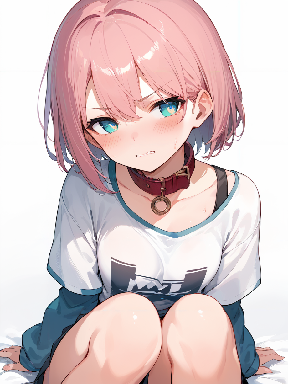 score_9, score_8_up, score_7_up,source_anime, high res image,masterpiece,best quality,(girl:1.0),cute face,clear skin,shiny hair,ultra detailed eyes,simple background, <lora:clenched teeth_pony_V1.0:1> clenched teeth, blush, sweat,hetero,looking away,collar,wariza,sitting