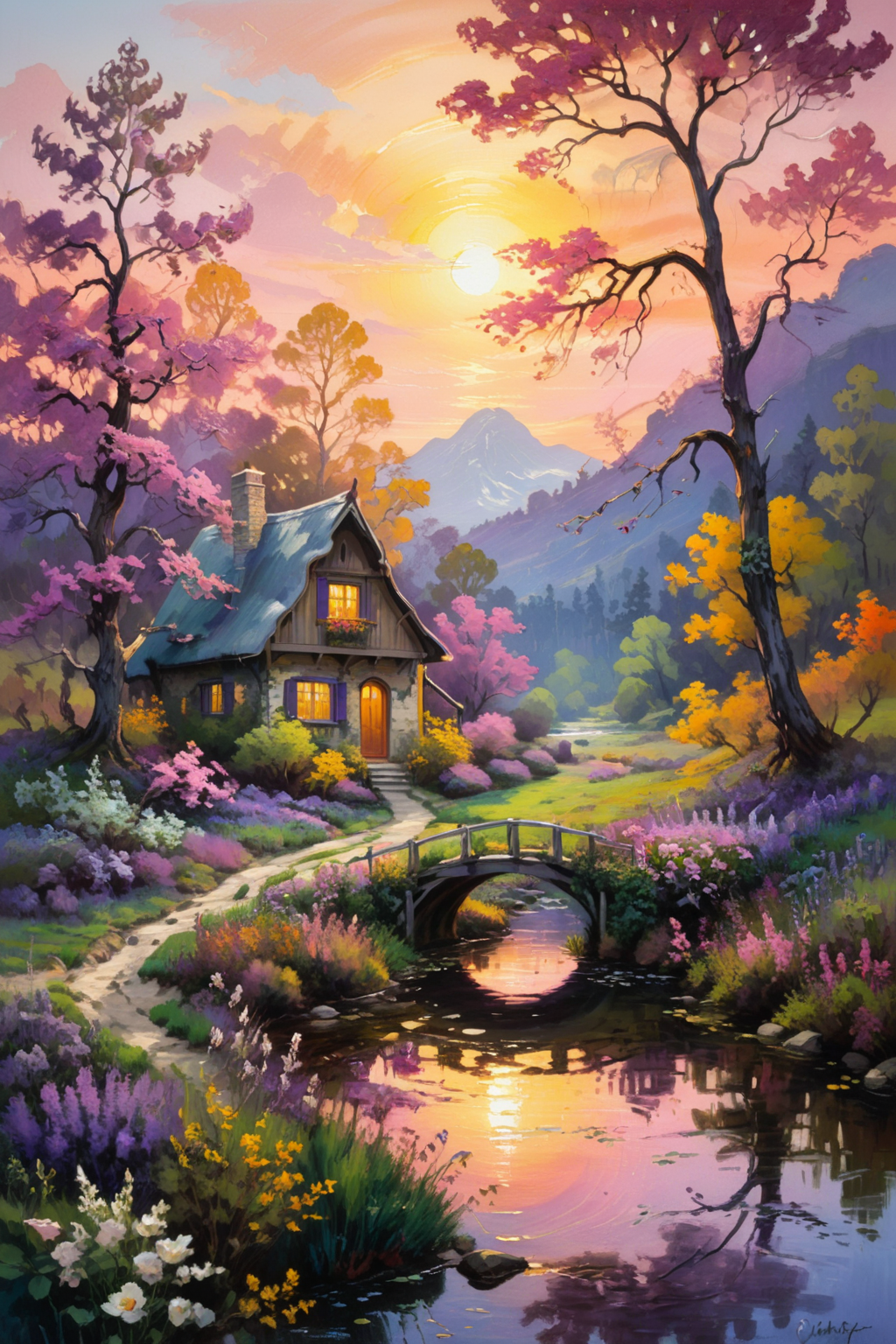 A breathtaking oil painting in the style of Claude Monet, capturing the serene beauty of nature. The scene features a charming cottage nestled among tall, majestic trees. A gentle stream meanders through the landscape, its crystal-clear waters reflecting the vibrant colors of the sunset. The sky is a masterpiece of colors, with hues of gold, pink, and purple blending together in a glorious display of twilight. Small animals, such as rabbits and deer, are scattered throughout the scene, adding life and charm. Flowers of various colors and species bloom abundantly, creating a vibrant and lush foreground. The golden light of the setting sun bathes the entire scene in a warm, ethereal glow, highlighting the intricate details and textures of the trees, stream, cottage, and flowers. This painting evokes a sense of peace, wonder, and the timeless beauty of the natural world.
<lora:add-detail-xl:1.0>,
<lora:EnvyBetterHiresFixXL01:1.0>,
<lora:extremely_detailed:1.5>, extremely detailed, 
<lora:xl_more_art-full_v1:1.0>,  
<lora:gorgoeus_splash_of_vibrant_paint:0.8> Gorgeous splash of vibrant paint