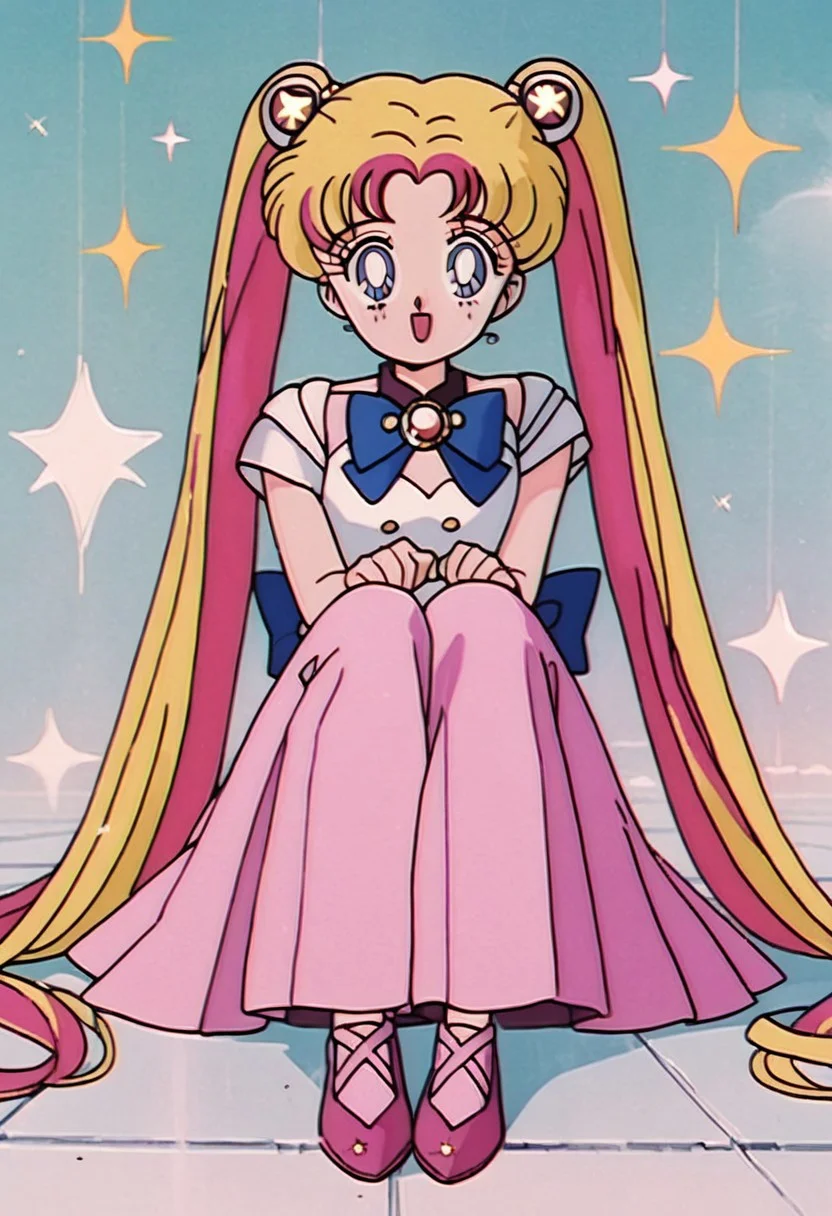 1990s (style), 1girl, :o, anime coloring, blue eyes, brooch, brown eyes, long hair, multicolored hair, open mouth, pink footwear, shoes, sitting, sm90s, smile, solo, sparkle, star brooch, twintails, BREAK , score_9, score_8_up, score_7_up, score_6_up, score_5_up, score_4_up,