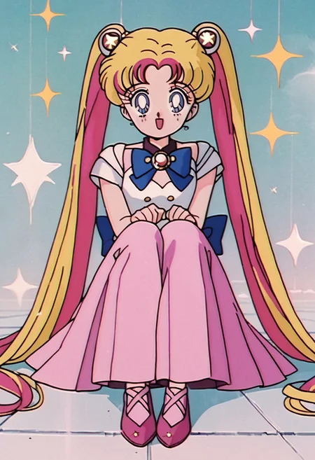 1990s (style), 1girl, :o, anime coloring, blue eyes, brooch, brown eyes, long hair, multicolored hair, open mouth, pink footwear, shoes, sitting, sm90s, smile, solo, sparkle, star brooch, twintails, BREAK , score_9, score_8_up, score_7_up, score_6_up, score_5_up, score_4_up,