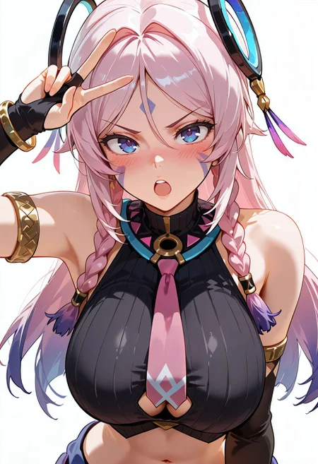 masterpiece, best quality, amazing quality, aesthetic, absurdres,<lora:Citlali_Genshin_Impact_ilxl_goofy:1> citlali, 1girl,facial mark, hair intakes, white background, upper body, large breasts, black shirt, bracelet, open mouth, upper teeth only, detached sleeves, jewelry, simple background, parted bangs, bare shoulders, twin braids, looking at viewer, hand up, sleeveless, ribbed shirt, pink necktie, gradient hair, armlet, black sleeves, blush, clothing cutout, single detached sleeve, bridal gauntlets, navel, :o, hair between eyes, pink ascot, v-shaped eyebrows, stomach cutout, bangle, victory pose,